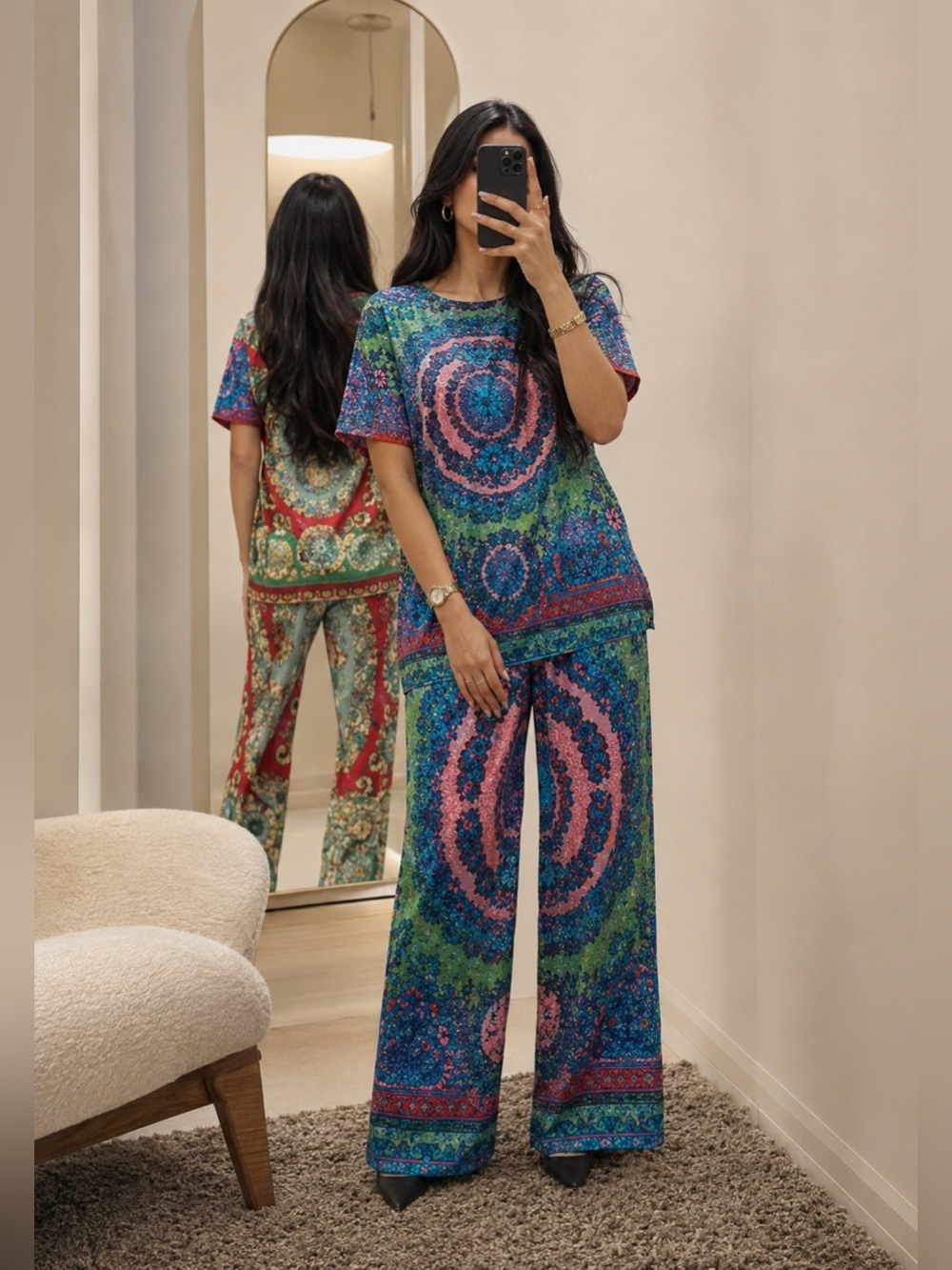 Pierre Cardin Paris Baroque Print Two Piece Set Top Pants Pink Blue Green S